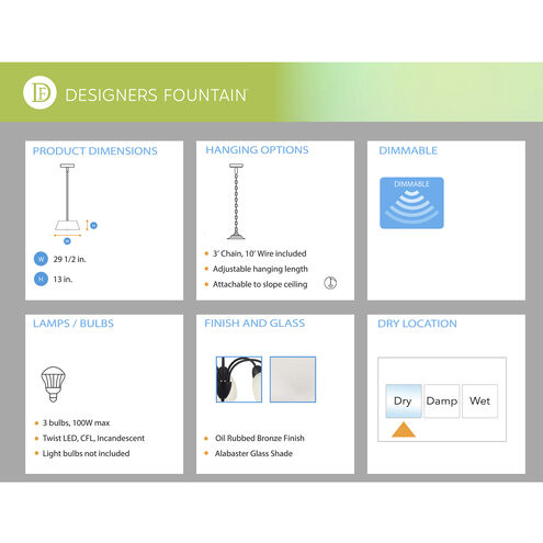 Torino 3 Light 29 inch Oil Rubbed Bronze Chandelier Ceiling Light